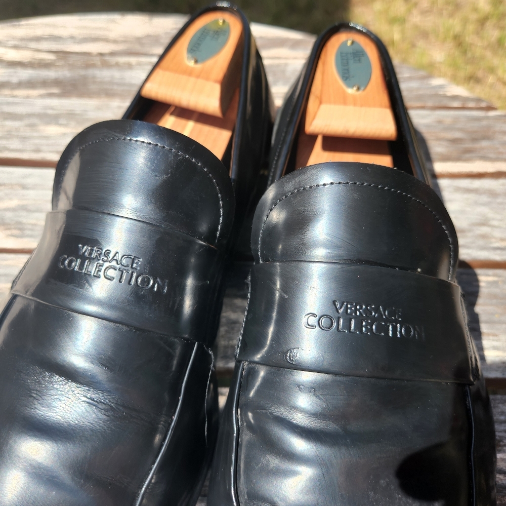 Versace Collection Black Leather Loafers Slip On Shoes 44